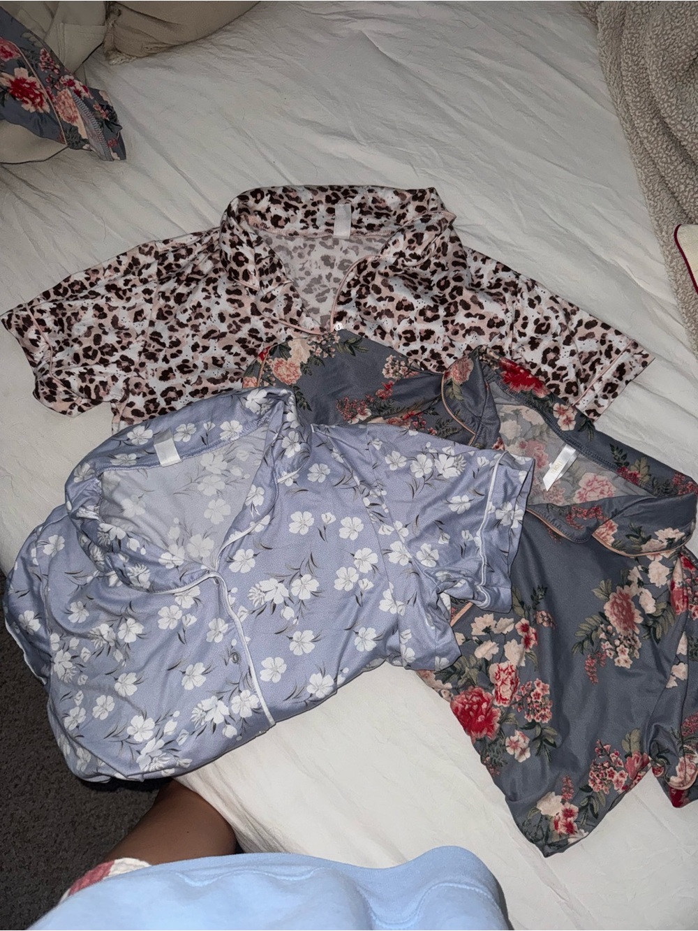Flora Nikrooz Satin Pajama set bundle- floral, cheetah, Ivory